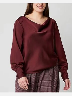 Worthington Burgundy Maroon Blouse Long Sleeve Top Size Medium